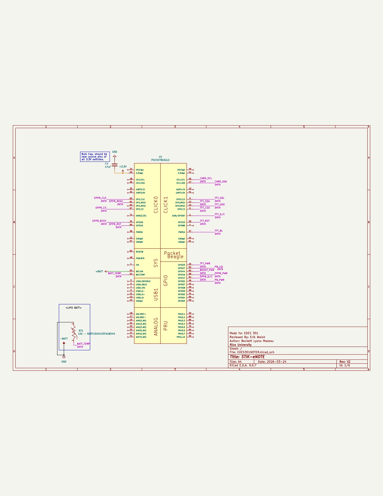 STIK-eNote V2 schematic sheet 1 of 6 — Main PocketBeagle pin assignments and peripheral connections