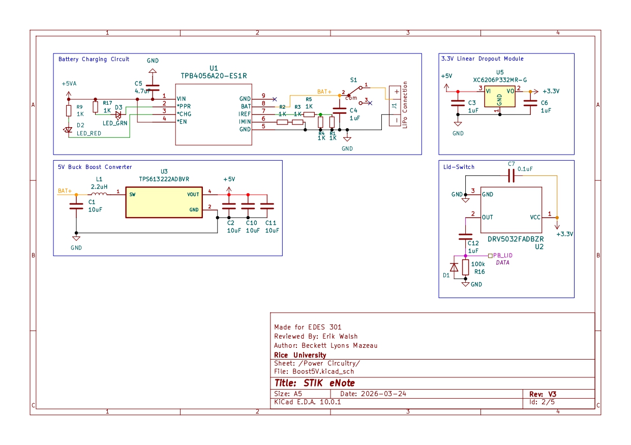 KiCad schematic showing the power circuitry: battery charging, boost converter, LDO regulator, and lid switch