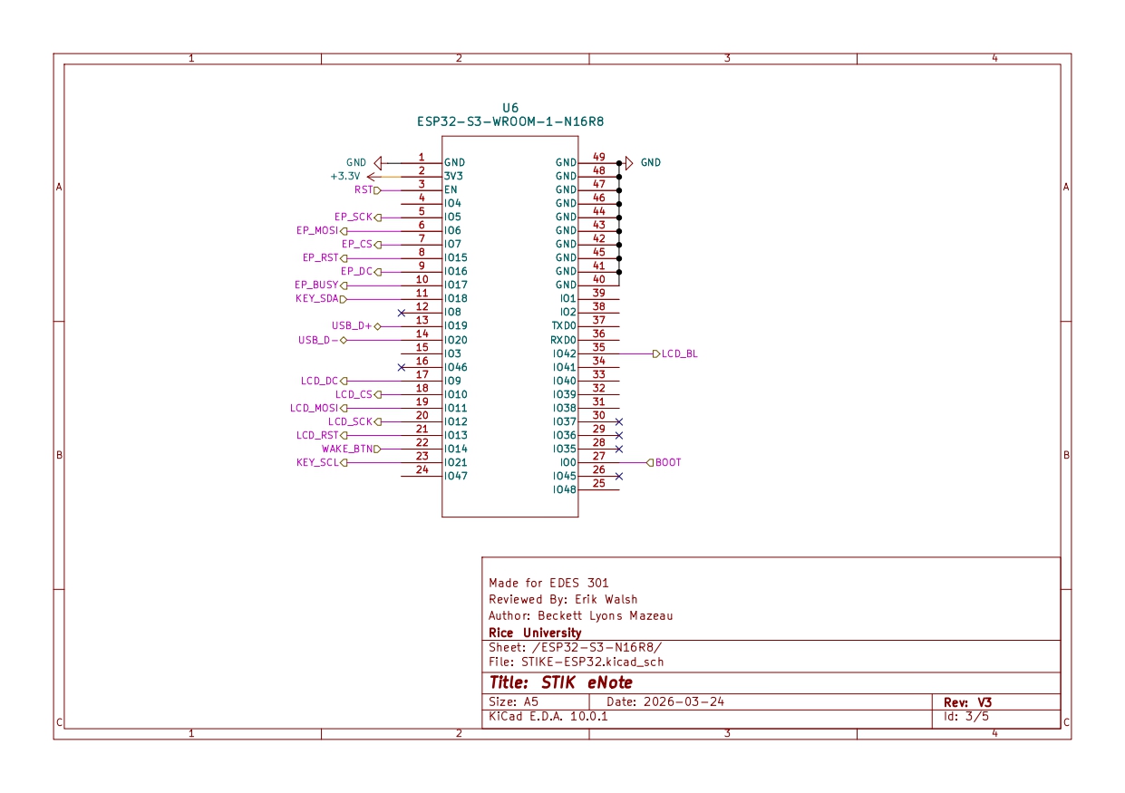 KiCad schematic showing the ESP32-S3 pin connections to all peripherals