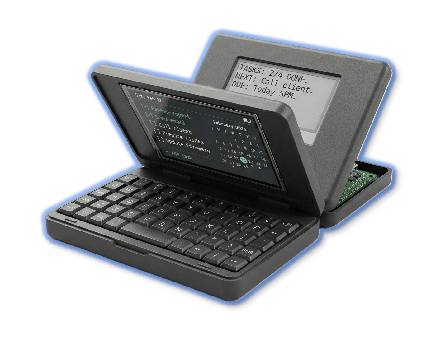 STIK-eNote — product render showing the clamshell device open with TFT display and keyboard